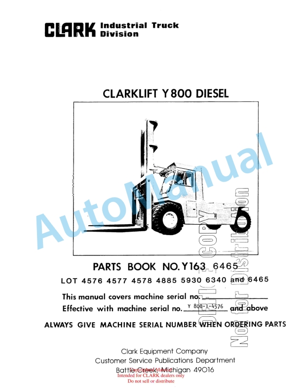 Clark Clarklift Y800 Diesel Parts Book Y163 6465