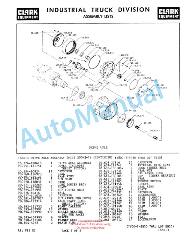 Clark Clarklift Y800 Diesel Parts Book Y163 6465-2