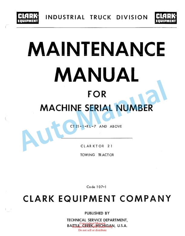 Clark Clarktor 21 Towing Tractor Code 107 Maintenance Manual