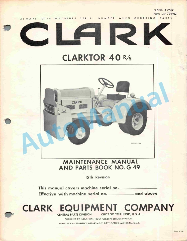 Clark Clarktor 40 R-S Maintenance Manual and Parts Book G 49