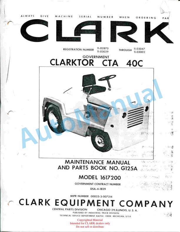 Clark Clarktor CTA 40C Maintenance Manual and Parts Book G125A