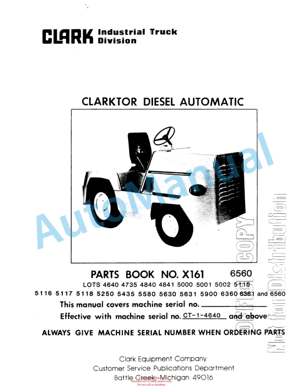 Clark Clarktor Diesel Automatic Parts Book X161 6560