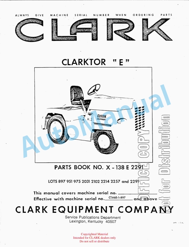 Clark Clarktor E Parts Book X138E 2291