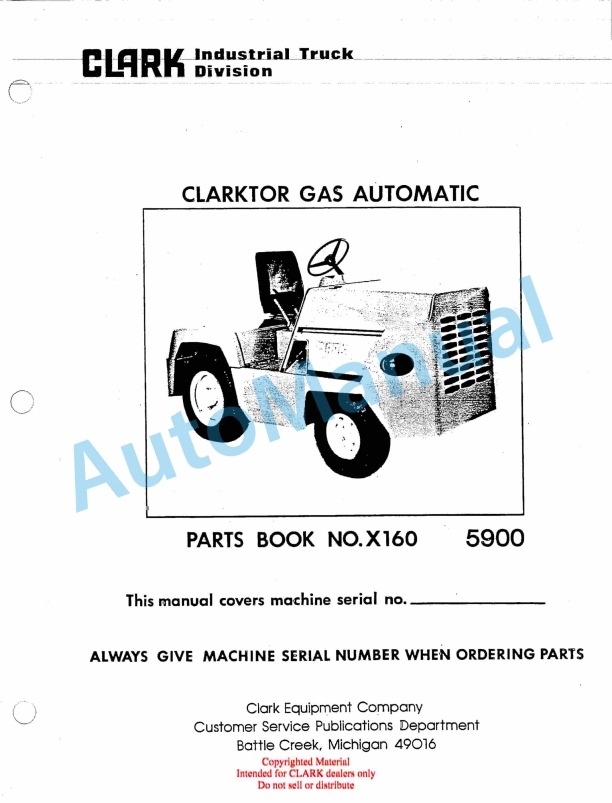 Clark Clarktor Gas Automatic Parts Book X160 5900