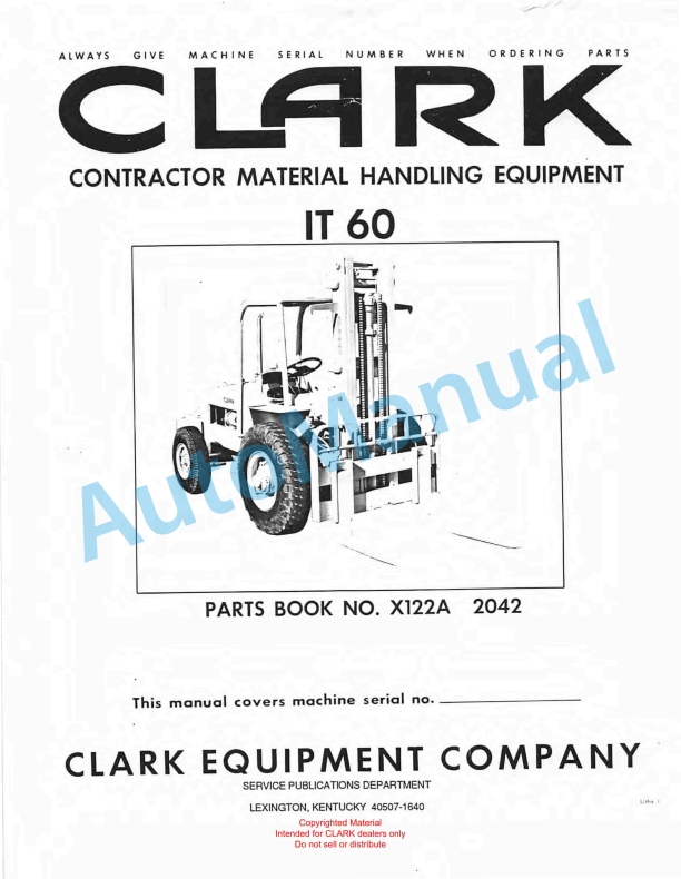 Clark Contractor Material Handling Equipment IT 60 Parts Book X122A 2042