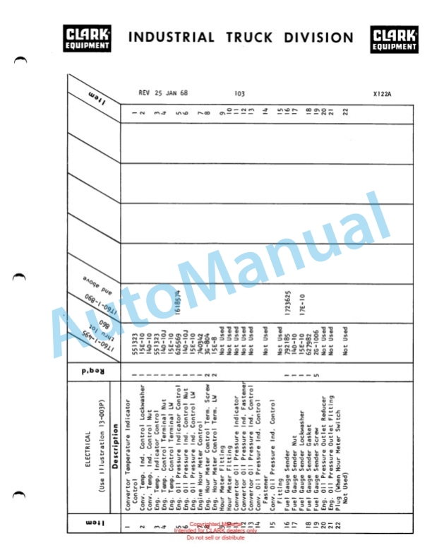 Clark Contractor Material Handling Equipment IT 60 Parts Book X122A 2042-2