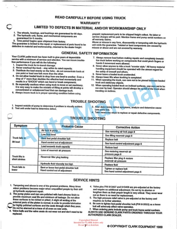 Clark CPT E45 Hand Hydraulic Pallet Truck Service and Parts Manual-5