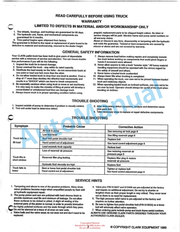 Clark CPT T50 Hand Hydraulic Pallet Truck Service and Parts Manual-5