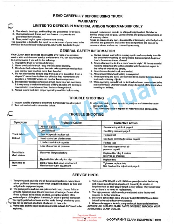 Clark CPT T55 Hand Hydraulic Pallet Truck Service and Parts Manual-5