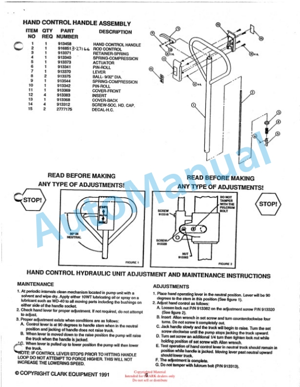 Clark CPT T65 Hand Hydraulic Pallet Truck Service and Parts Manual-3