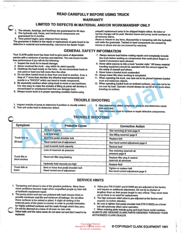 Clark CPT T65 Hand Hydraulic Pallet Truck Service and Parts Manual-5
