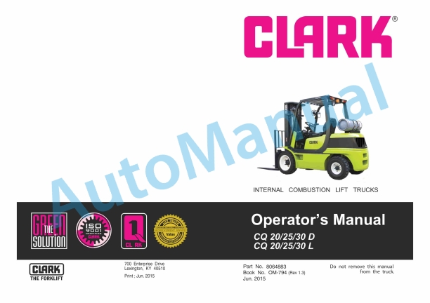 Clark CQ 20, 25, 30 D, CQ 20, 25, 30 L Operator Manual OM-794