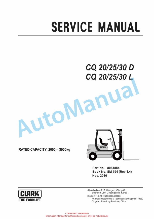 Clark CQ 20, 25, 30 D, CQ 20, 25, 30 L Service Manual SM-794