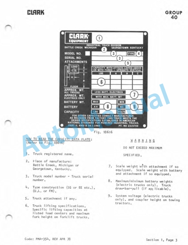 Clark CTA 30, CTA 40, CTA 50D Planned Maintenance and Adjustment Procedures Manual PMA-343-5