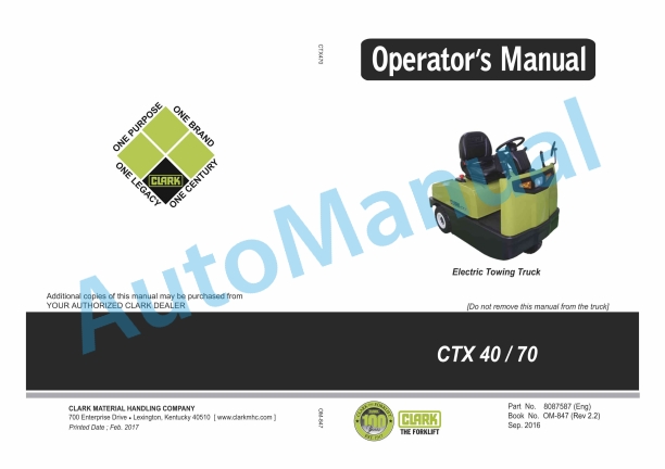 Clark CTX 40, CTX 70 Electric Towing Truck Operator Manual OM-847