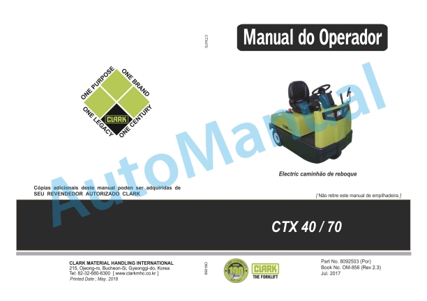 Clark CTX 40, CTX 70 Electric Towing Truck Operator Manual OM-856 POR