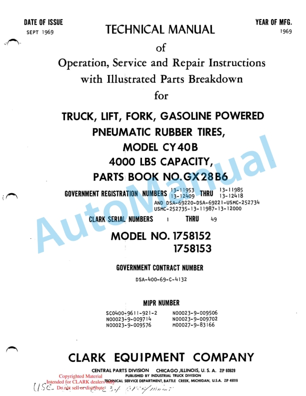 Clark CY 40 B Truck, Lift, Fork, Gasoline Powered Technical Manual GX28B6