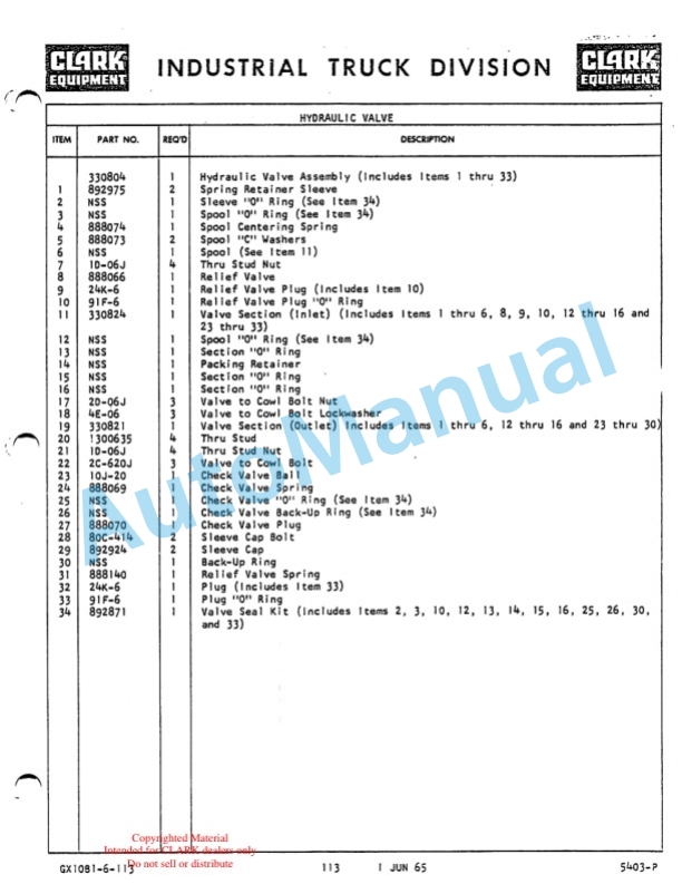 Clark CY 40 B Truck, Lift, Fork, Gasoline Powered Technical Manual GX28B6-5