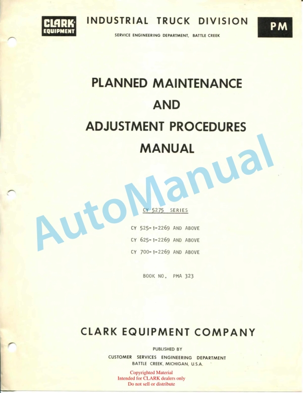 Clark CY 5275 Series Planned Maintenance and Adjustment Procedures Manual PMA-323