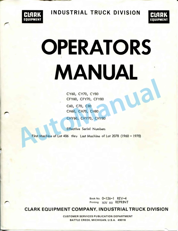 Clark CY 60 - CY 80, CFY 60 - CFY 80, C 60 - C 80, CH 60 - CH 80, CHY 60 - CHY 80 Operator Manual
