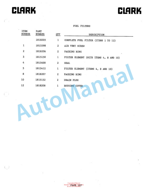 Clark DPR20, DPR25, DPR30 Diesel Rough Terrain Lift Truck Parts Book DPR-1 5645 1st-3