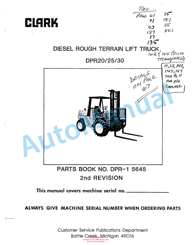 Clark DPR20, DPR25, DPR30 Diesel Rough Terrain Lift Truck Parts Book DPR-1 5645 2nd