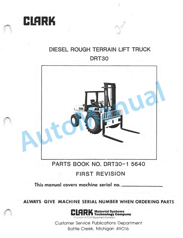 Clark DRT30 Diesel Rough Terrain Lift Truck Parts Book DRT30-1 5640 1st