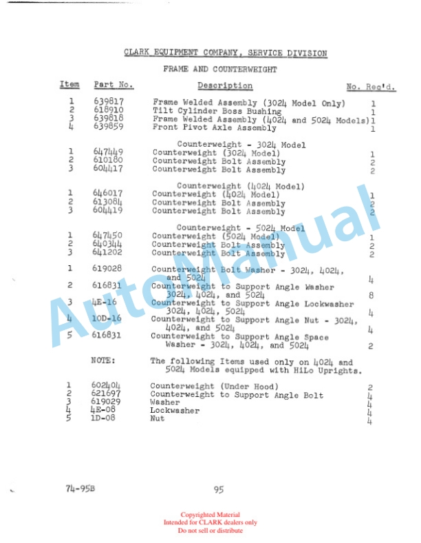 Clark Dynatork Gas Carloader D Maintenance Manual and Parts Book 74-4