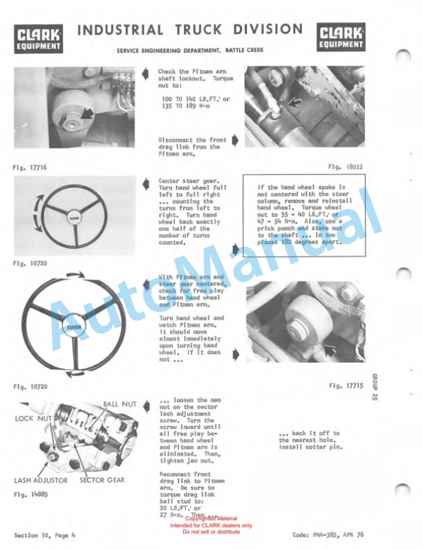 Clark EC 20, EC 25, ECS 30 36-48 Volt Planned Maintenance and Adjustment Procedures Manual PMA-385-2