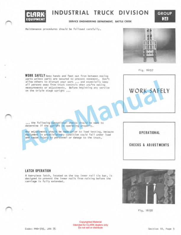 Clark EC 20, EC 25, ECS 30 36-48 Volt Planned Maintenance and Adjustment Procedures Manual PMA-385-3
