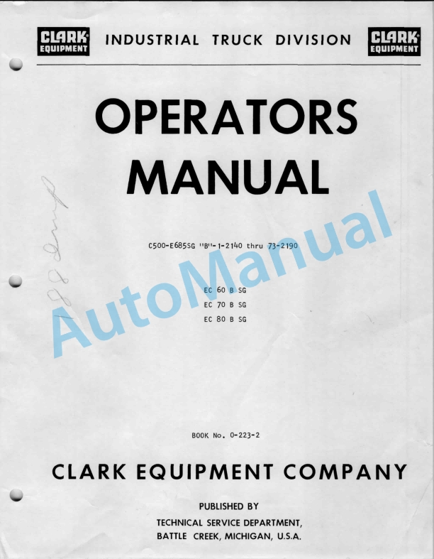 Clark EC 60 B SG, EC 70 B SG, EC 80 B SG Operator Manual O-223-2