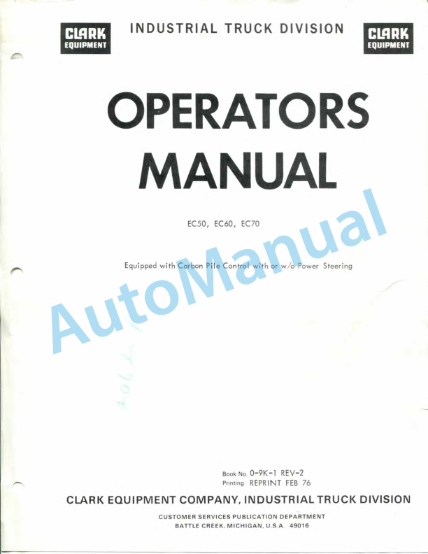 Clark EC50, EC60, EC70 Operator Manual O-9K-1