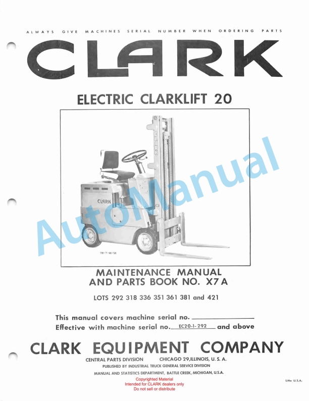 Clark Electric Clarklift 20 Maintenance Manual and Parts Book X7A