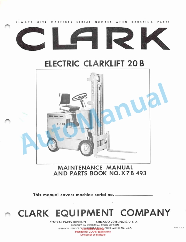 Clark Electric Clarklift 20B Maintenance Manual and Parts Book X7B 493