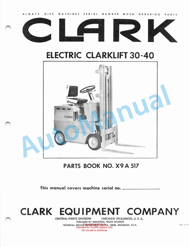 Clark Electric Clarklift 30-40 Parts Book X9A 517