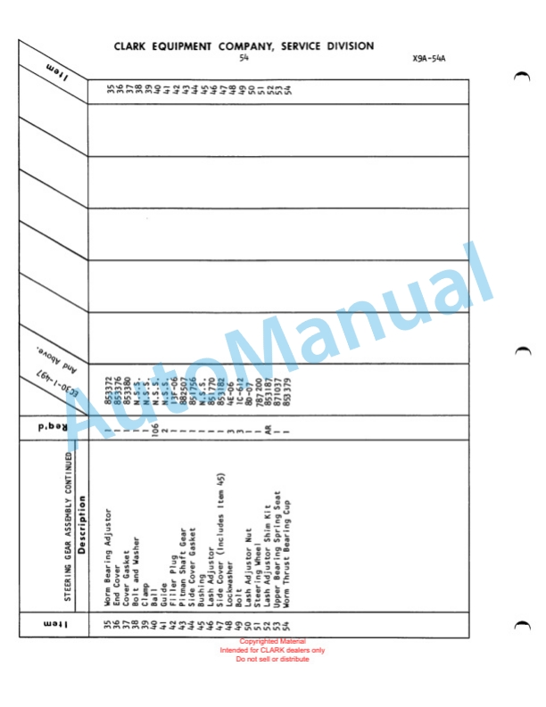 Clark Electric Clarklift 30-40 Parts Book X9A 517-2