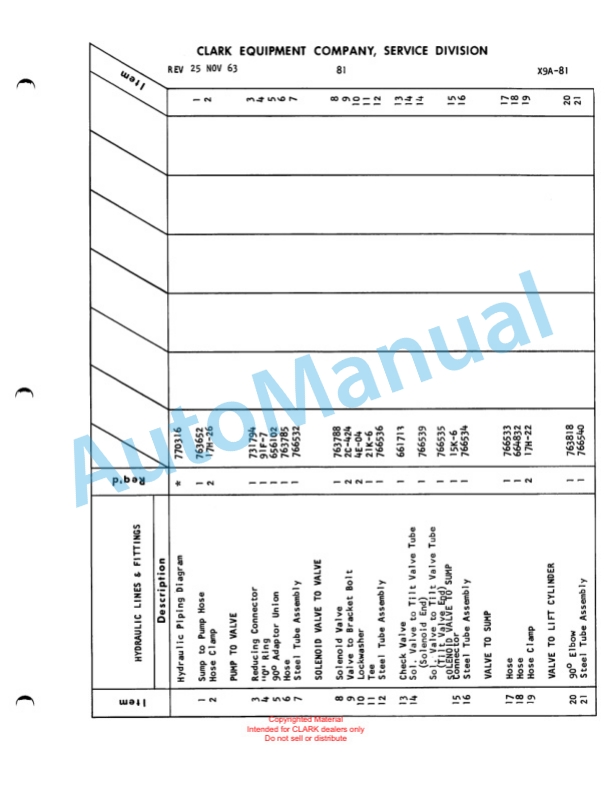 Clark Electric Clarklift 30-40 Parts Book X9A 517-3