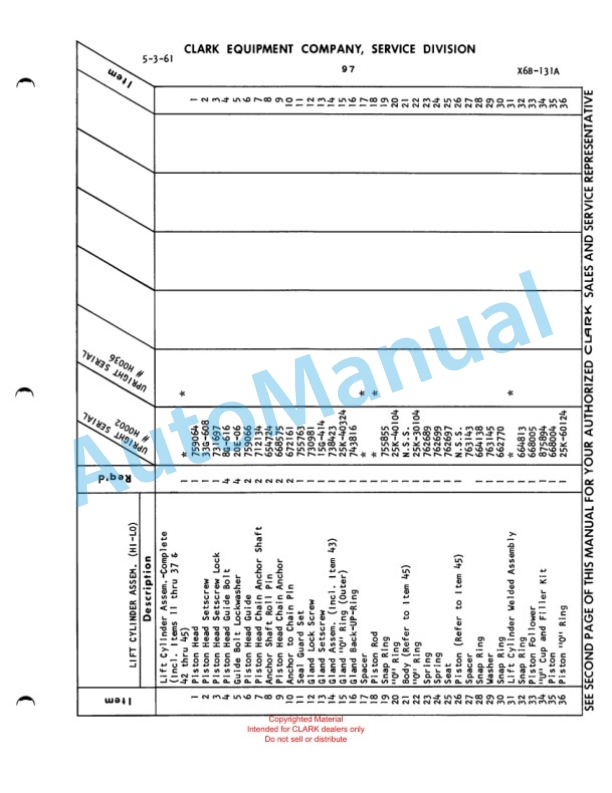 Clark Electric Clarklift 30-40 Parts Book X9A 517-4