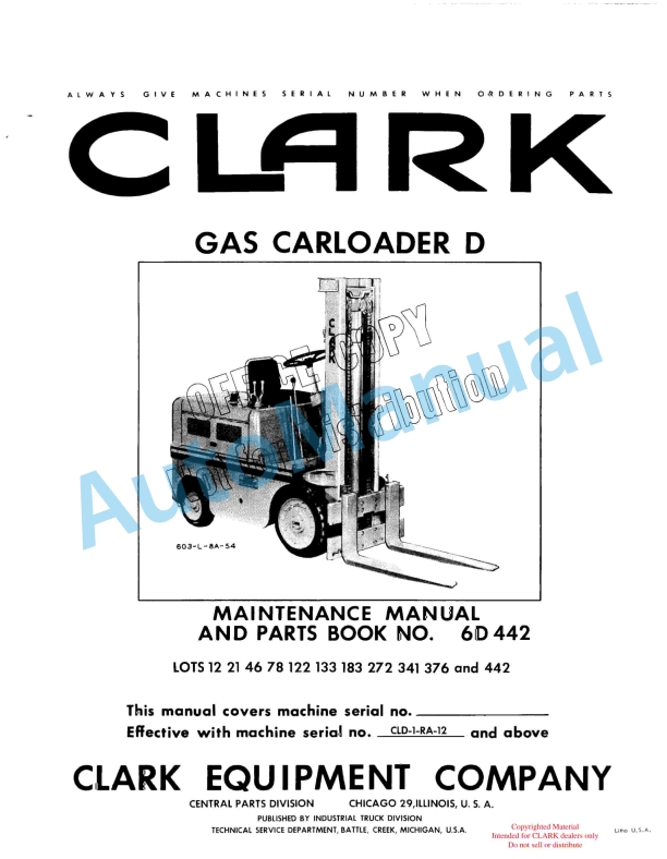 Clark Gas Carloader D Maintenance Manual and Parts Book 6D442
