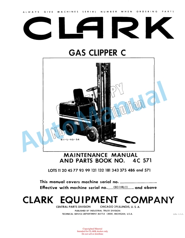 Clark Gas Clipper C Maintenance Manual and Parts Book 4C 571