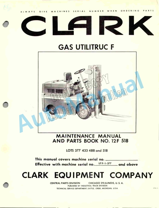 Clark Gas Ultilitruc F Maintenance Manual and Parts Book 12F 518