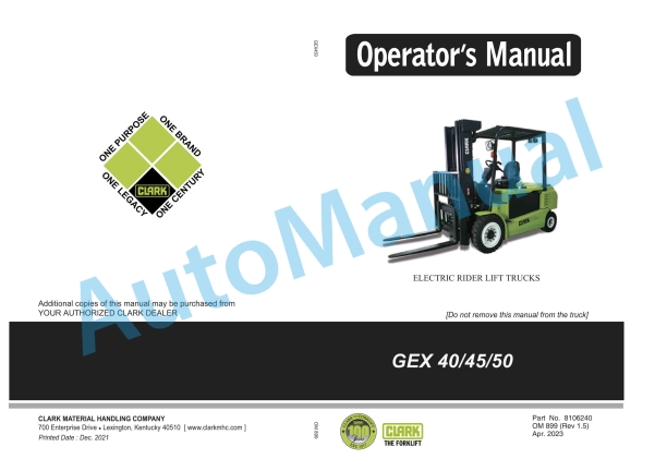 Clark GEX 40, GEX 45, GEX 50 Electric Rider Lift Trucks Operator Manual OM-899