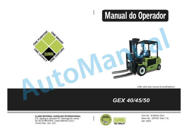 Clark GEX 40, GEX 45, GEX 50 Electric Rider Lift Trucks Operator Manual OM-901 POR