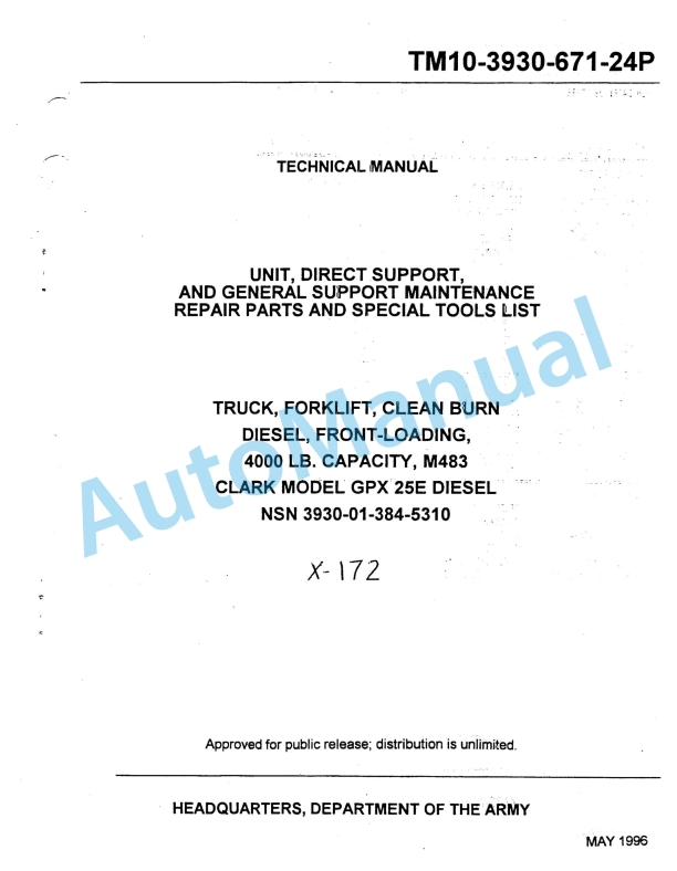 Clark GPX 25E Diesel Truck, Forklift, Clean Burn Technical Manual TM10-3930-671-24P