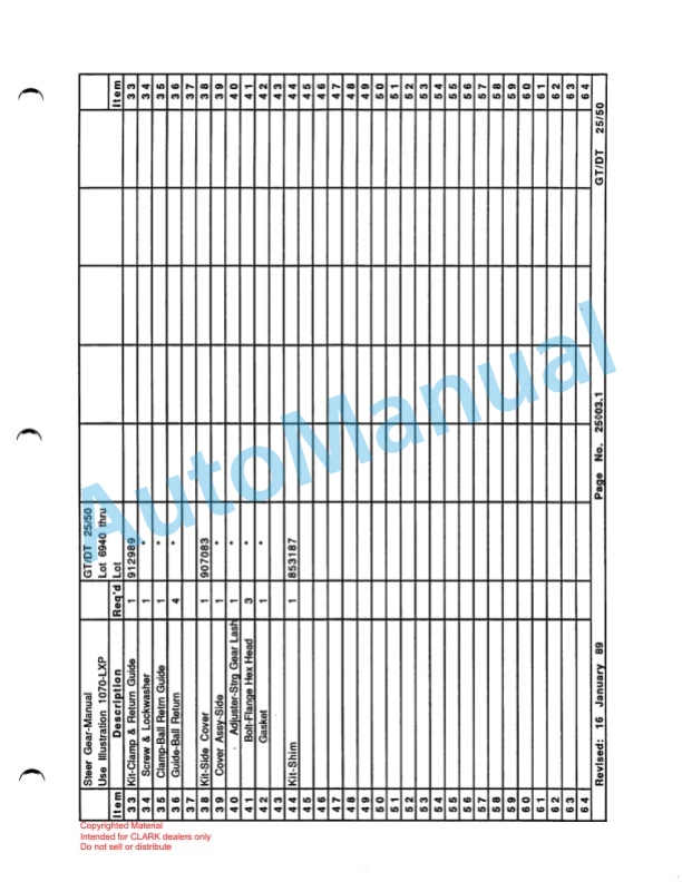 Clark GT, DT 25 Towing Tractor Parts Book X164 6940-4