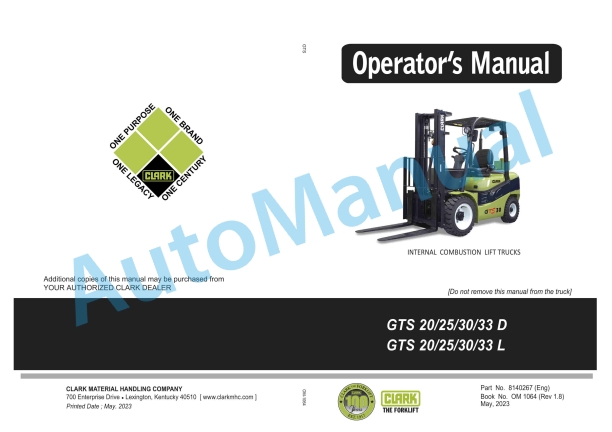 Clark GTS 20, 25, 30, 33 D, GTS 20, 25, 30, 33 L Operator Manual OM-1064