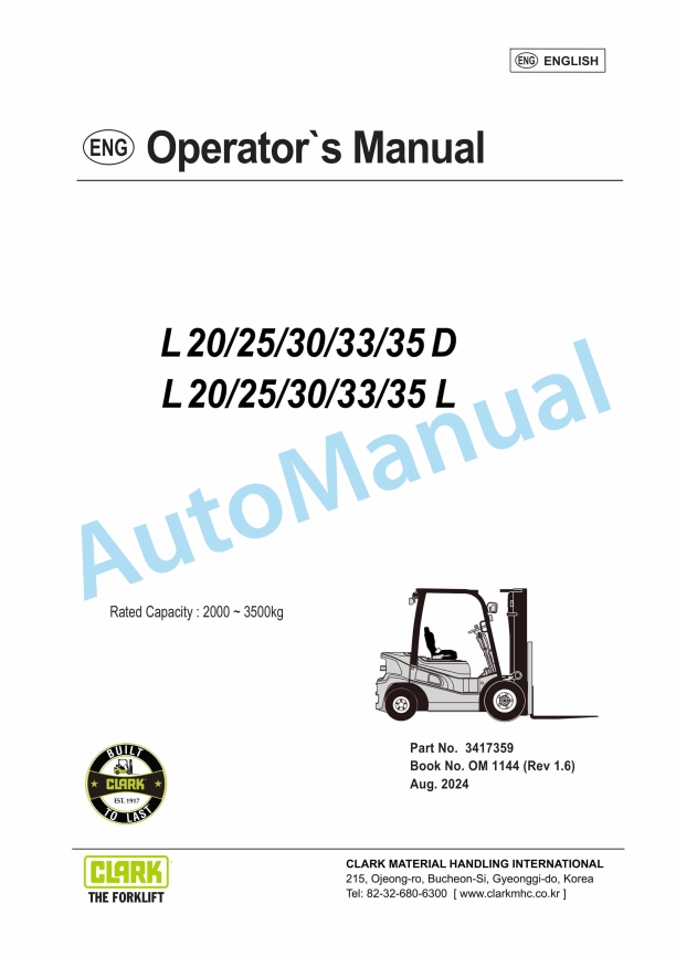 Clark L 20, 25, 30, 33, 35 D, L 20, 25, 30, 33, 35 L Operator Manual OM-1144