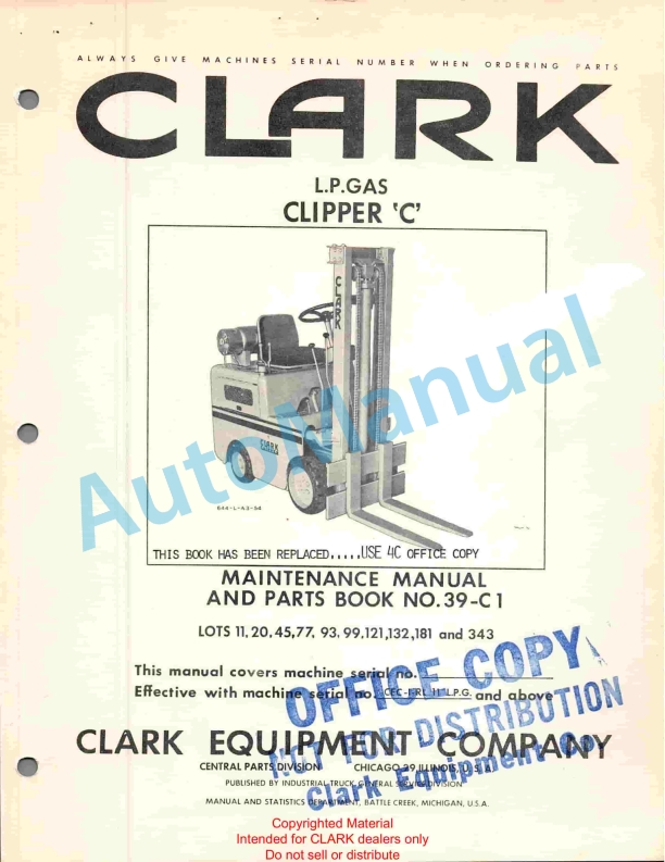 Clark LPGas Clipper C Maintenance Manual and Parts Book 39-C1