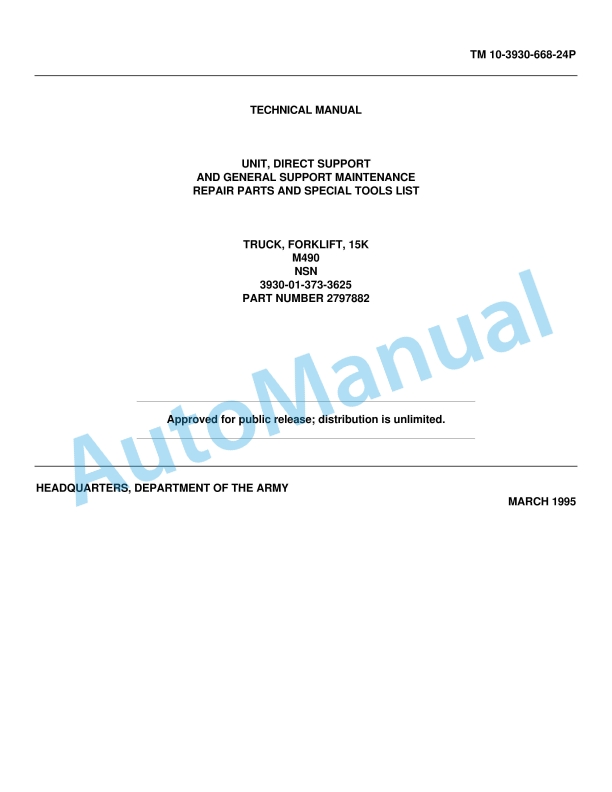 Clark M490 Truck, Forklift, 15K Technical Manual TM10-3930-668-24P