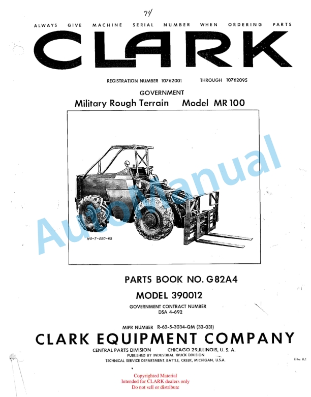 Clark MR100 Military Rough Terrain Parts Book G82A4